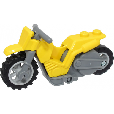 yellow stuntz flywheel motorcycle dirt bike with dark bluish gray frame light bluish gray wheels and dark bluish gray handlebars