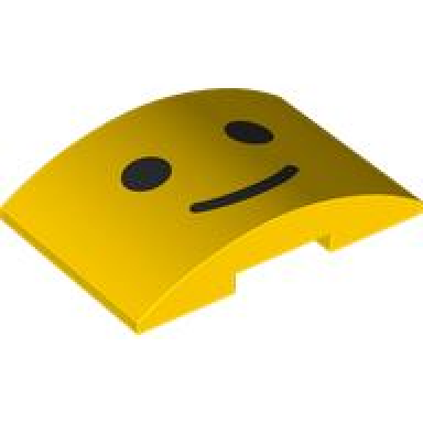 yellow slope curved 6 x 4 double with black eyes and mouth pattern minifigure standard grin face