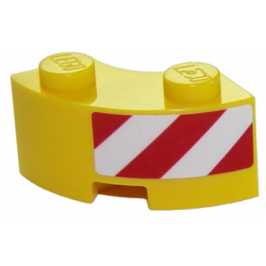 yellow brick round corner 2 x 2 macaroni with stud notch and reinforced underside with red and white danger stripes on right pattern sticker - set 60152