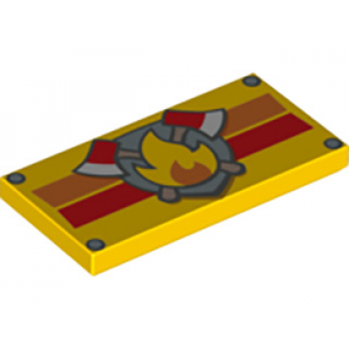 yellow tile 2 x 4 with fire logo with axes over orange and red stripes pattern