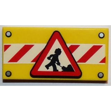 yellow tile 2 x 4 with road sign construction worker on red and white danger stripes pattern