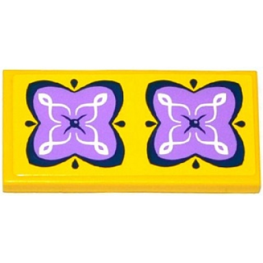 yellow tile 2 x 4 with 2 medium lavender and dark blue cushions with white swirls pattern sticker - set 41077