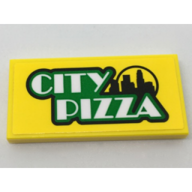yellow tile 2 x 4 with city pizza and skyline pattern sticker - set 60150