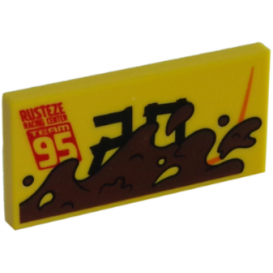 yellow tile 2 x 4 with rusteze racing center team 95 and mud splotches pattern model left side