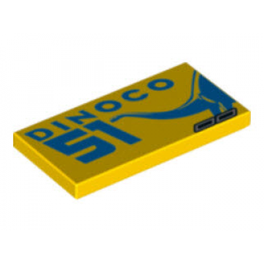 yellow tile 2 x 4 with blue dinoco 51 on left and dinosaur and exhaust pipes on right pattern