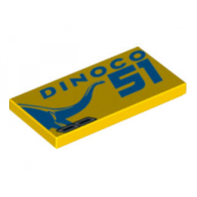 yellow tile 2 x 4 with blue dinoco 51 on right and dinosaur and exhaust pipes on left pattern