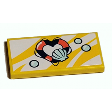 yellow tile 2 x 4 with coral and dark blue heart-shaped life preserver light aqua shell and bubbles pattern sticker - set 41380