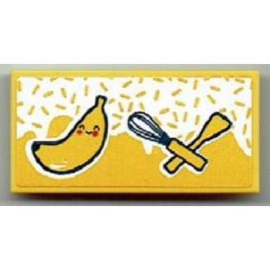 yellow tile 2 x 4 with spatula whisk and banana pattern sticker - set 41393
