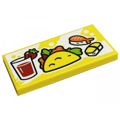 yellow tile 2 x 4 with sushi taco and glass of strawberry juice pattern sticker - set 41701