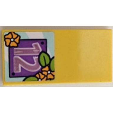 yellow tile 2 x 4 with medium lavender number 12 bright light orange flowers and lime leaves pattern sticker - set 41395