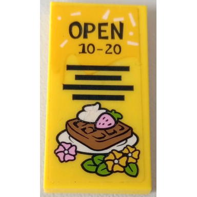 yellow tile 2 x 4 with dark blue open 10-20 and lines medium nougat waffle with strawberry cream and flowers pattern sticker - set 41426