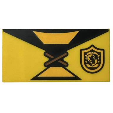 yellow tile 2 x 4 with quidditch robe tied over shirt with bright light orange and black stripes hufflepuff crest pattern brickheadz cedric diggory torso