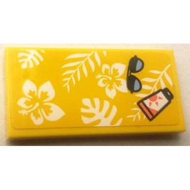 yellow tile 2 x 4 with sunglasses and tube of sunscreen on beach towel with flowers and leaves pattern sticker - set 41710
