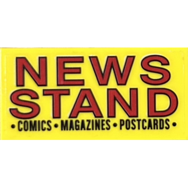 yellow tile 2 x 4 with red and black news stand and â·comicsâ·magazinesâ·postcardsâ· pattern sticker - set 76178