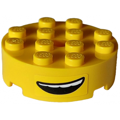 yellow brick round 4 x 4 with hole with black lopsided open mouth smile with top teeth pattern sticker - set 75582
