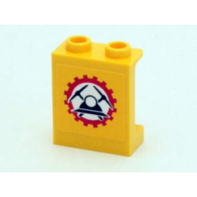 yellow panel 1 x 2 x 2 with side supports - hollow studs with black miners helmet and crossed pickaxes in red gear pattern sticker - set 4204