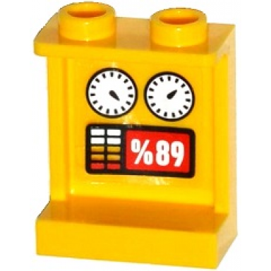 yellow panel 1 x 2 x 2 with side supports - hollow studs with gauges and %89 on red background pattern on inside sticker - set 60092