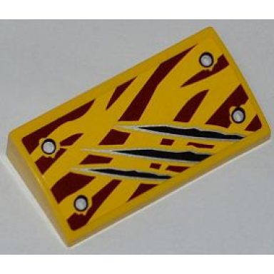 yellow slope curved 2 x 4 x 2 3 with bottom tubes with 4 rivets and claw scratch marks on dark red tiger stripes pattern sticker - set 5887