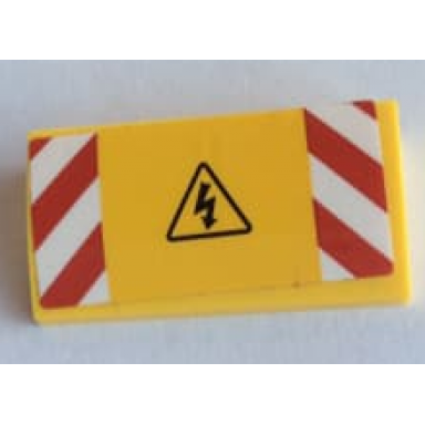 yellow slope curved 2 x 4 x 2 3 with bottom tubes with red and white danger stripes and electricity danger triangle pattern sticker - set 60132