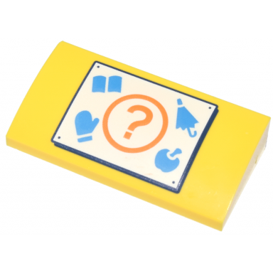 yellow slope curved 2 x 4 x 2 3 with bottom tubes with white sign orange question mark dark azure book umbrella mitten and apple pattern animal crossing recycle bin