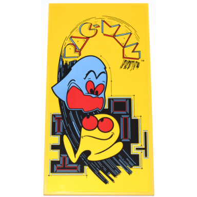 yellow tile 8 x 16 with bottom tubes textured surface with outline pac-man logo and yellow pac-man and medium blue ghost inky characters with red eyes and open mouth on black maze pattern sticker - set 10323