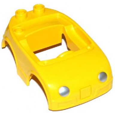 yellow duplo car body with 2 studs on back and silver headlights pattern fits over car base 2 x 4