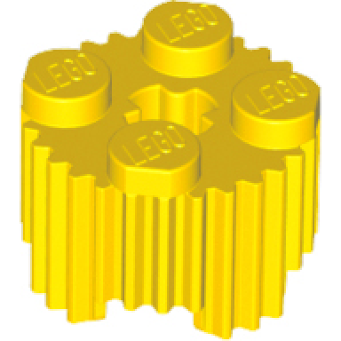 yellow brick round 2 x 2 with axle hole and grille fluted profile
