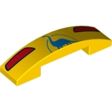 yellow slope curved 4 x 1 x 2 3 double with red taillights and blue dinosaur pattern