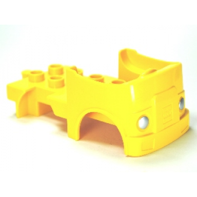 yellow duplo car body truck with lego logo and silver headlights on front pattern fits over car base 2 x 4