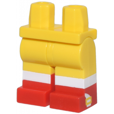 yellow hips and legs with molded red lower legs boots and printed white socks and yellow buckles on sides pattern
