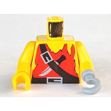 yellow torso pirate red tank top tattered black belts with silver buckles knife pattern yellow arms light gray hook left yellow hand right