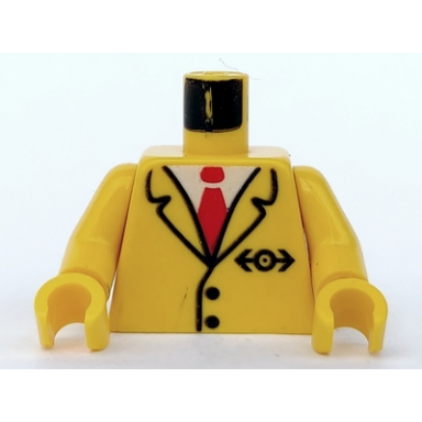 yellow torso suit jacket with 2 black buttons and train logo over red tie and white shirt pattern yellow arms yellow hands