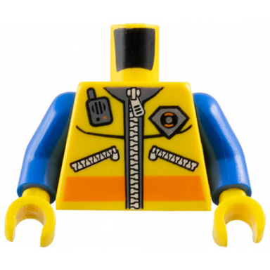 yellow torso jacket with orange stripe silver zippers dark bluish gray collar and city coast guard logo radio pattern blue arms yellow hands