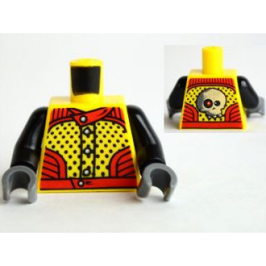 yellow torso racers with 5 buttons black dots front red eye skull back pattern black arms dark bluish gray hands