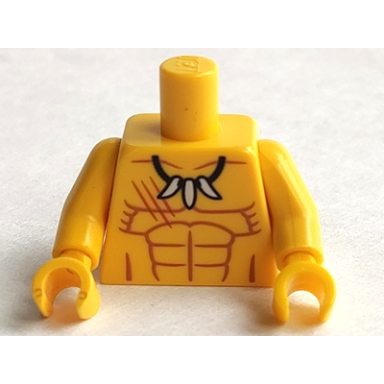 yellow torso bare chest with medium nougat muscles outline dark orange scratches white animal tooth claw necklace pattern yellow arms yellow hands