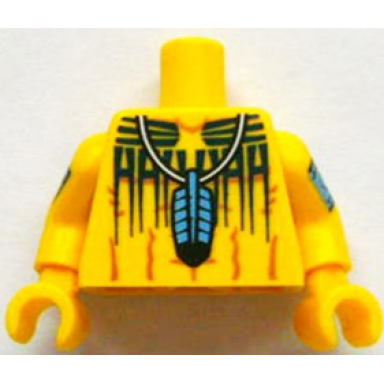 yellow torso western indians blue feather pendant and black body paint pattern yellow arms with body paint yellow hands