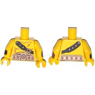 yellow torso bare chest with muscles outline scar copper belt and shoulder strap pattern yellow arms with wristbands yellow hands