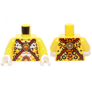 yellow torso black leopard spots dark red straps and orange round jewel fire chi pattern yellow arms white hands
