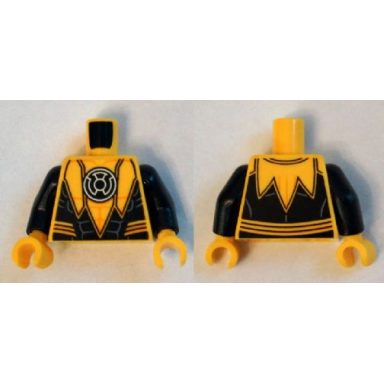 yellow torso suit serrated with muscles outline and white sinestro logo pattern black arms yellow hands
