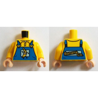 yellow torso overalls blue with running banana and banana co on reverse pattern yellow arms light nougat hands
