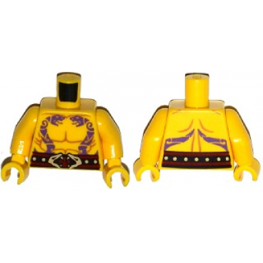 yellow torso ninjago bare chest muscles dark purple snake tattoos belt with tan snake buckle pattern yellow arms yellow hands