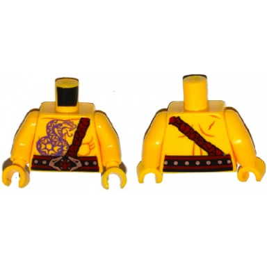 yellow torso bare chest muscles dark purple snake tattoo copper snake buckle dark red shoulder strap scar on back pattern yellow arms yellow hands