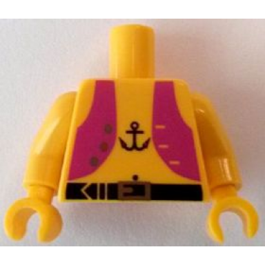 yellow torso pirate magenta vest open with gold buttons black belt with buckle anchor tattoo navel pattern yellow arms yellow hands