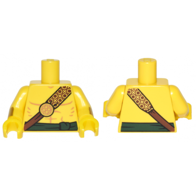 yellow torso bare chest with reddish brown and gold strap and dark green waist sash pattern yellow arms with gold cuffs pattern yellow hands
