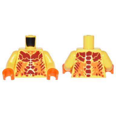 yellow torso nexo knights bare chest with dark red and orange bones and smudges pattern yellow arms orange hands