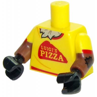 yellow torso red trim and luigis pizza straw chest pattern reddish brown arms with patches and yellow short sleeves pattern black hands