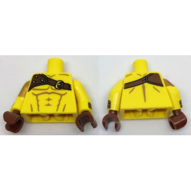 yellow torso bare chest with muscles and shoulder belt pattern yellow arms with cuffs lion on pearl gold right short sleeve pattern reddish brown hands