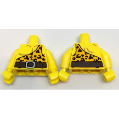 yellow torso bright light orange shirt with one strap and leopard spots and reddish brown belt pattern yellow arms yellow hands