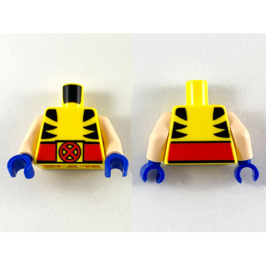 yellow torso shirt with black marks on sides and red belt with x-men logo buckle pattern wolverine light nougat arms blue hands