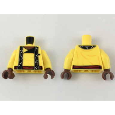 yellow torso tunic with reddish brown neck long black scarf and red sash pattern yellow arms reddish brown hands